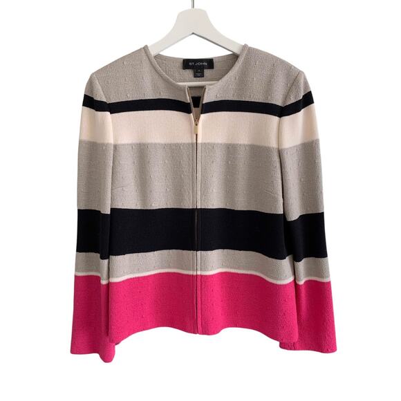 St John Jacket Textured Knit Striped Zip Front Blazer Pink Gray Black - Picture 1 of 6